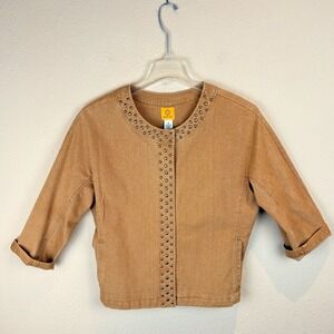Ruby Rd Womens 16 Camel Tan Studded Denim Jacket 3/4 Sleeve Snap Front Stretch